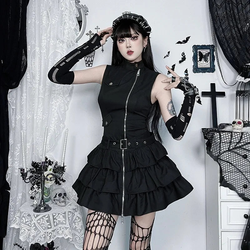 Kimutomo y2k sem mangas punk vestido feminino vintage harajuku suporte pescoço zíper mini vestidos de verão babados grunge festa gótica