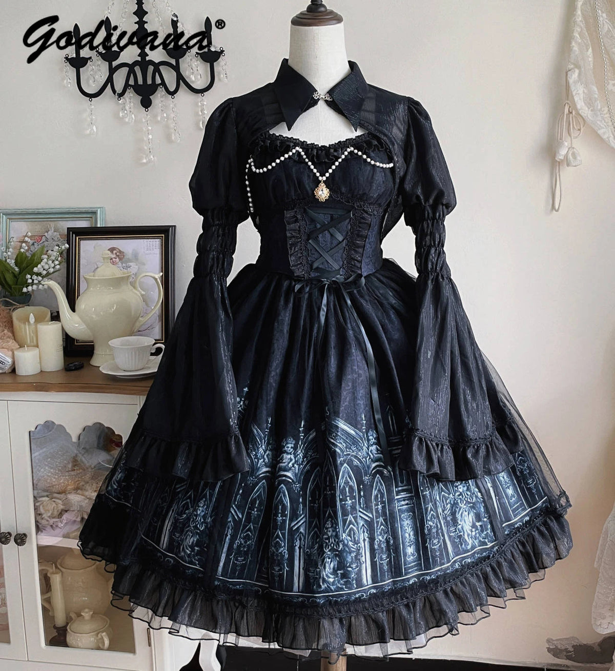 Original halloween lolita vestido nova primavera e verão feminino meninas escuro gótico jsk vestido manga alargamento capa camisa