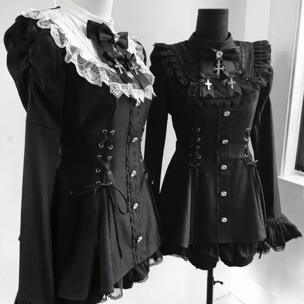Y2k estética lolita estilo arco vestido shorts conjunto japonês feminino gótico renda alargamento manga botão camisa vestido punk festa mini vestido