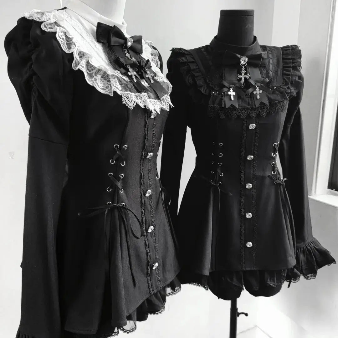 Y2k estética lolita estilo arco vestido shorts conjunto japonês feminino gótico renda alargamento manga botão camisa vestido punk festa mini vestido