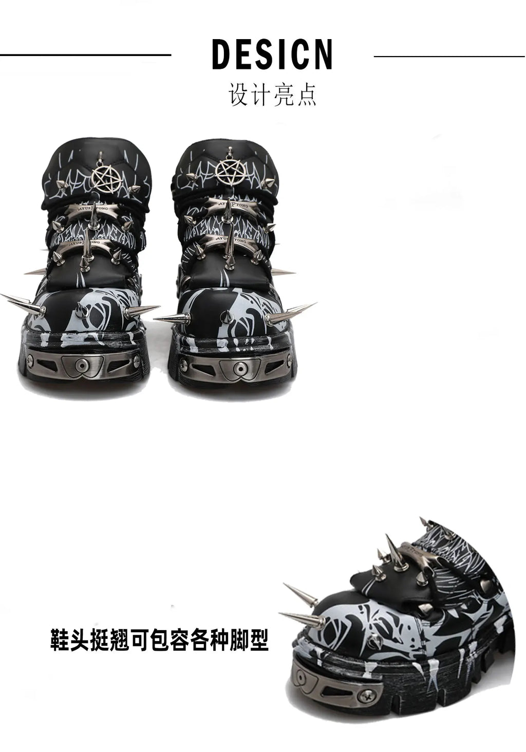 2026 Novo Design Original Plataforma Graffiti Unissex com Rebites Escuros Estilo Rock Punk, Tênis Casual Dad Shoes com Sola Plataforma