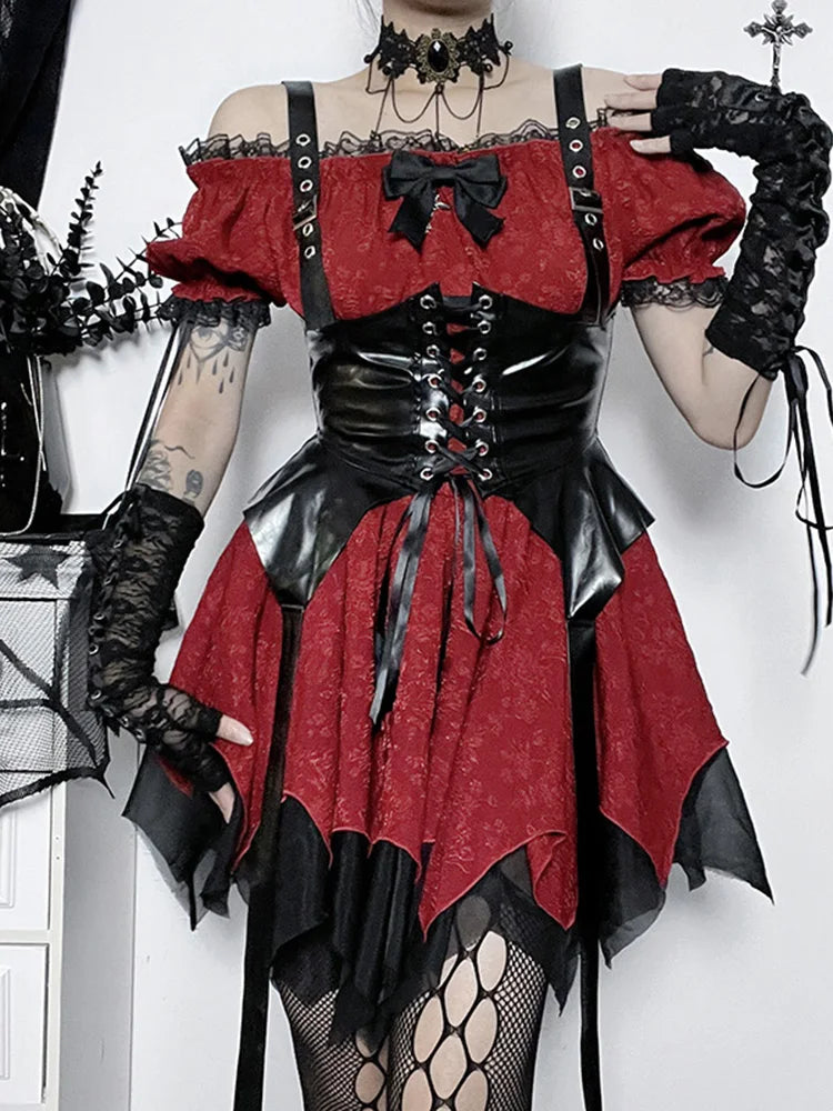 Altgoth escuro academia gótico vestido feminino harajuku streetwear fairycore grunge rendas retalhos puff manga vestido de cintura alta feminino