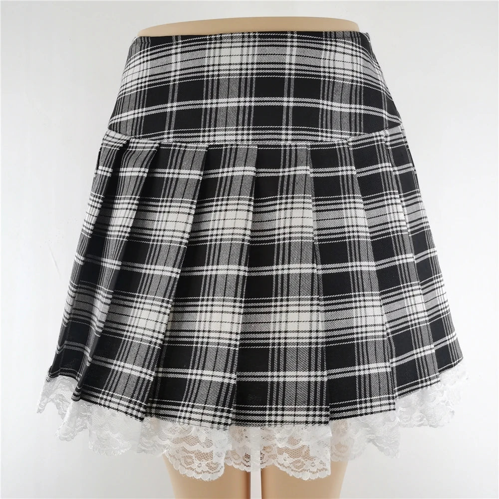 Novo Contraste Lace Plaid Saia Plissada Vintage Sexy Skater Roupas Harajuku Gothic Punk Inglaterra Estilo Y2k Saia