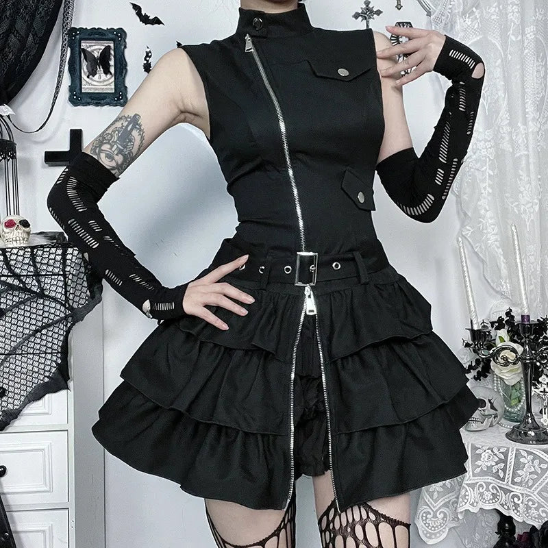 Kimutomo y2k sem mangas punk vestido feminino vintage harajuku suporte pescoço zíper mini vestidos de verão babados grunge festa gótica