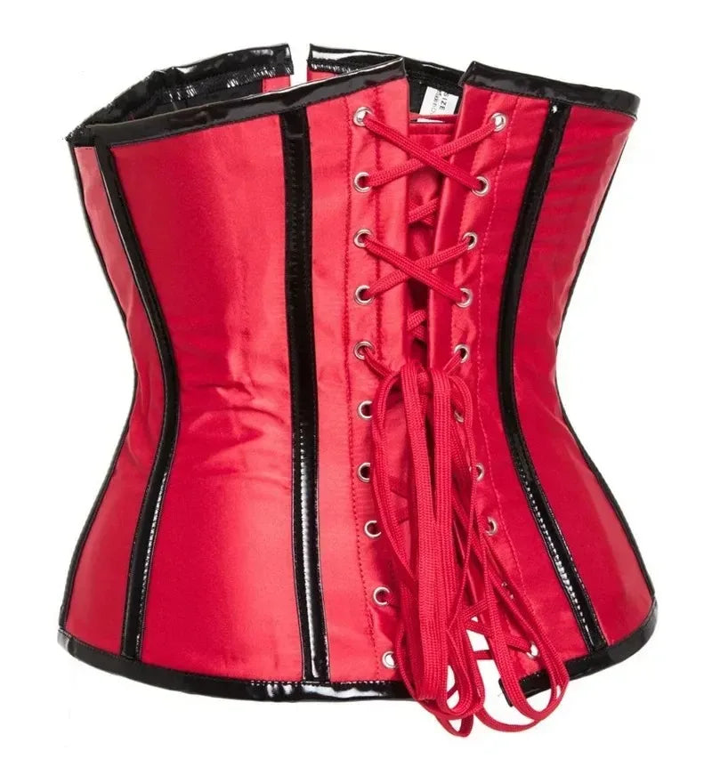 Corset Gótico Steampunk Underbust Preto e Vermelho com Espiral de Aço, Treinador de Cintura, Bustiê com Zíper e Fivelas, Corselete Modelador