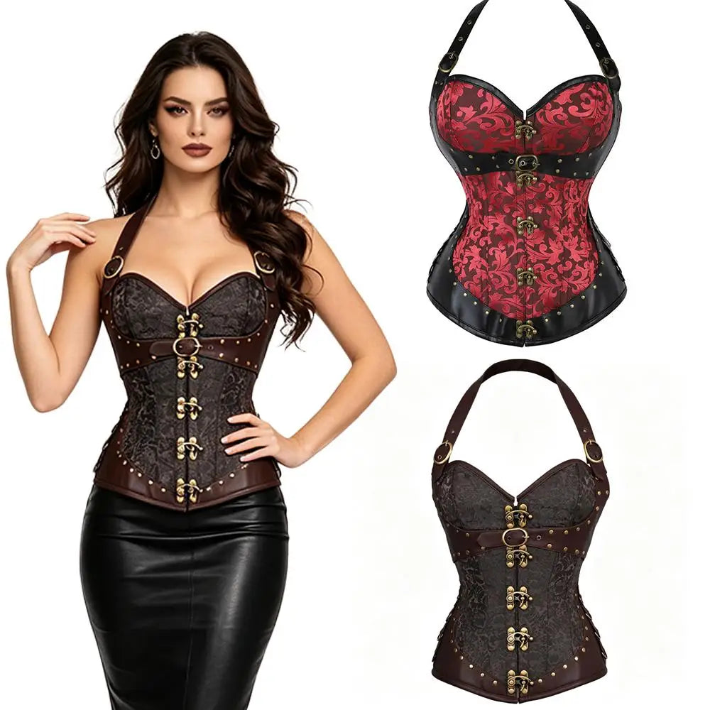 Corset Feminino Estilo Vitoriano Gótico com Alça no Pescoço e Botões - Top Modelador Bustiê