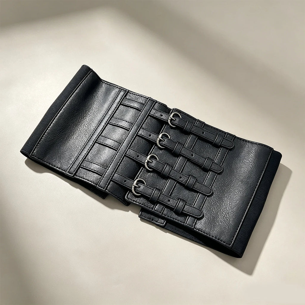 Novo Cinto Largo Punk Preto em Couro PU para Mulheres, Cintos Modeladores de Cintura Alta Elásticos, Cintos Pretos para Vestidos Femininos.