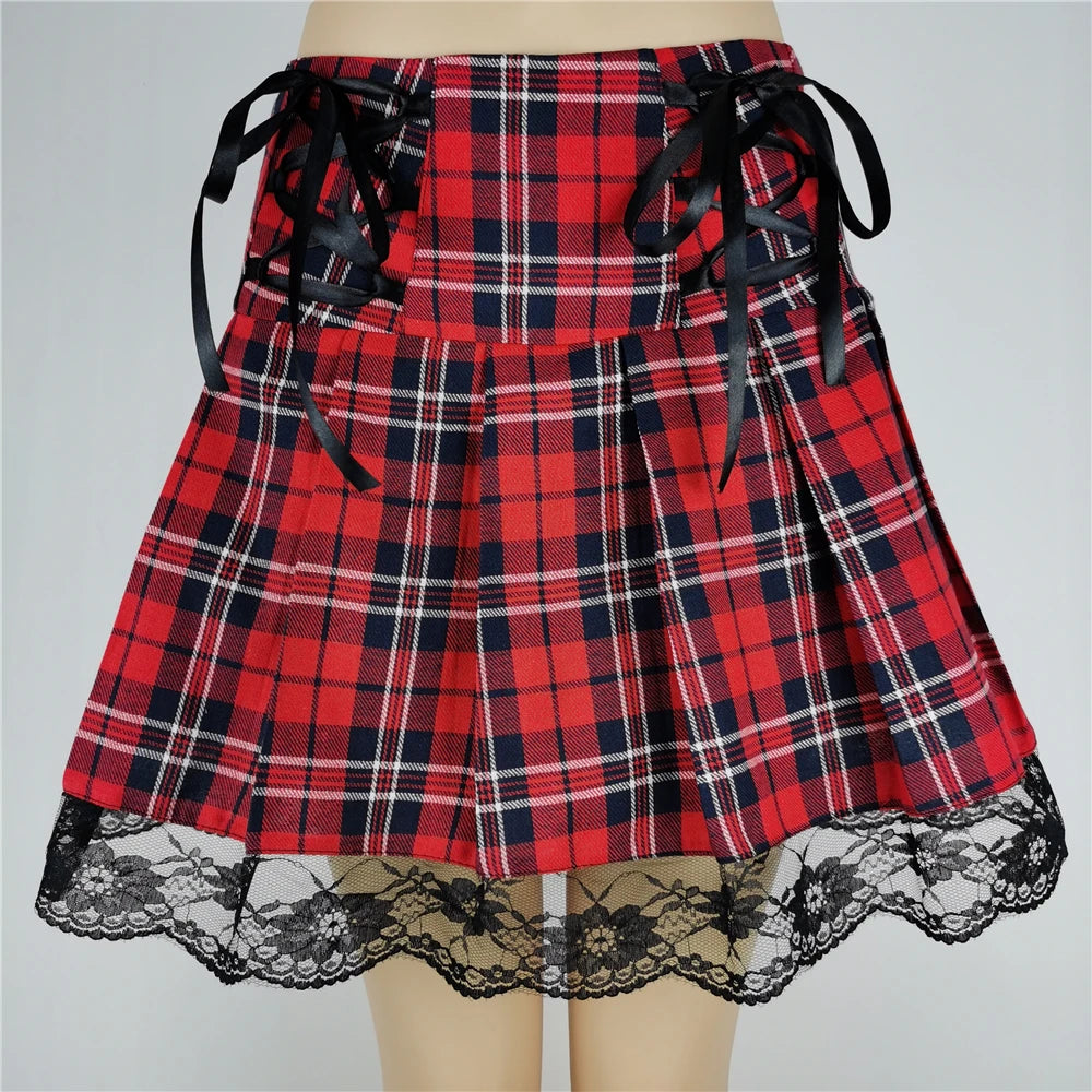 FICHOR-Mulheres Góticas Renda Ruffle Mini Saias, Harajuku, Fairy Grunge, Xadrez Rosa, Plissado, Japonês Lolita Streetwear, Mall Goth