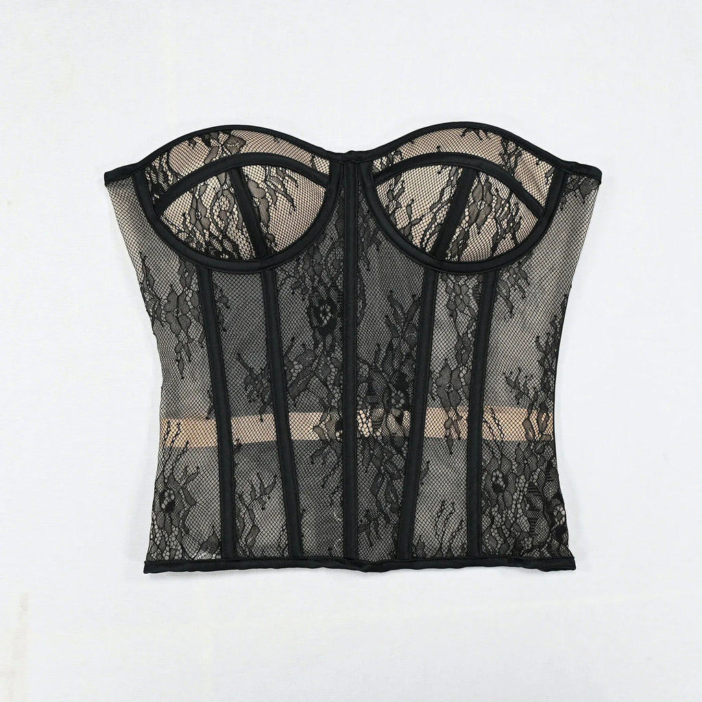 Aço osso korset mulher oco para fora sutiã de renda sem alças bustier superior malha lingerie feminina preto branco biege espartilho