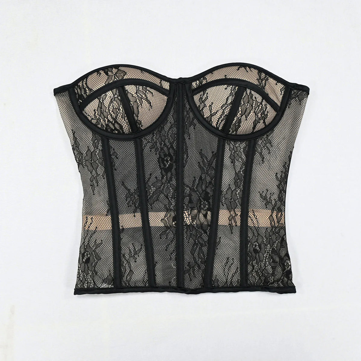 Aço osso korset mulher oco para fora sutiã de renda sem alças bustier superior malha lingerie feminina preto branco biege espartilho
