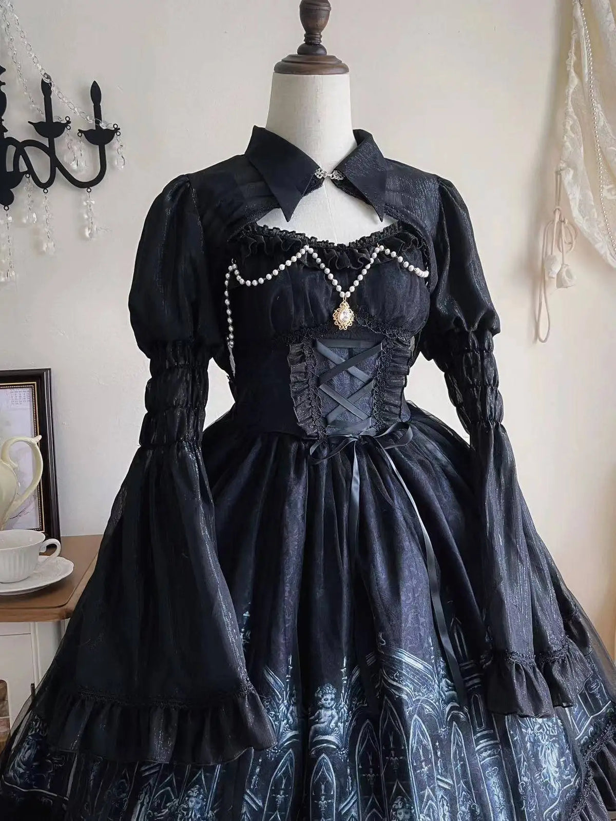 Original halloween lolita vestido nova primavera e verão feminino meninas escuro gótico jsk vestido manga alargamento capa camisa