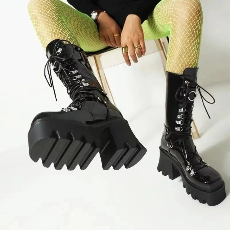 Mulheres botas altas cosplay meados de bezerro botas de plataforma alta cunhas botas 2025 outono inverno novo designer sapatos góticos para mulher botas
