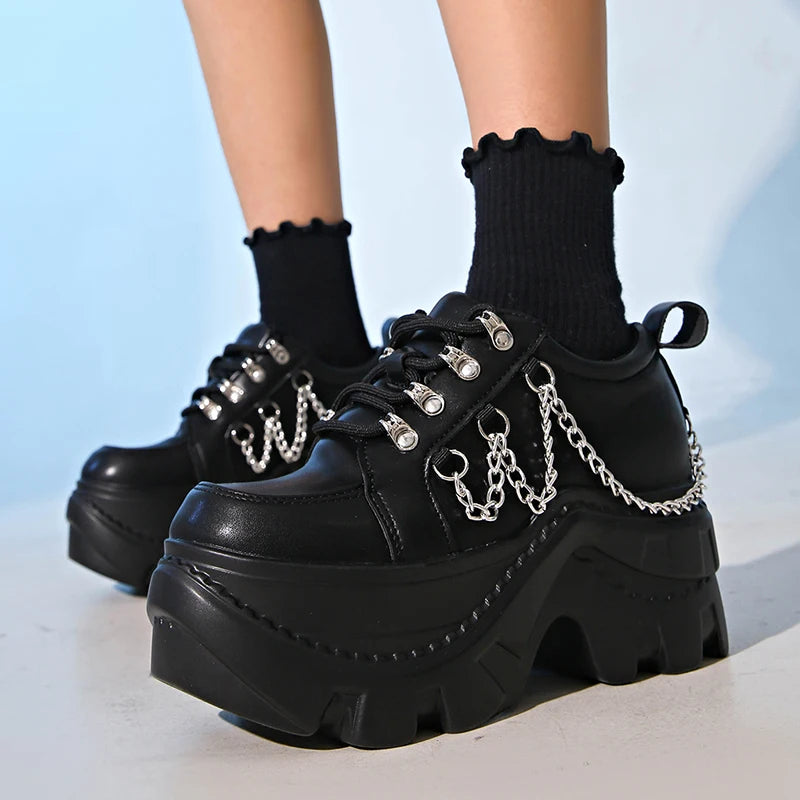 Gótico punk chunky tênis para mulher preto corrente decoração plataforma sapatos esportivos mulher sola grossa não deslizamento punk tênis plus size