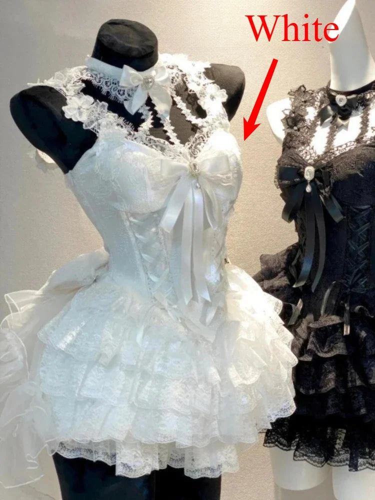 Vestido Gótico Vintage Japonês E-girl para Mulheres, Vestido Mini com Gola Alta, Manga Curta, Laço e Renda, Cintura Ajustada, Vestido Preto Doce e Picante