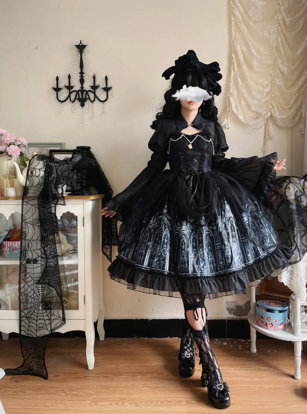 Original halloween lolita vestido nova primavera e verão feminino meninas escuro gótico jsk vestido manga alargamento capa camisa