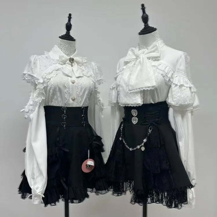 Minissaia Feminina Estilo Lolita Doce Japonês, Retro Elegante, com Renda e Faixas, Saias de Festa em Camadas, Gótica Y2k com Fivelas Metálicas