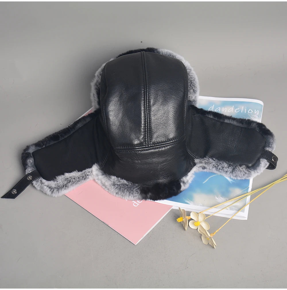 Novo unissex real rex pele de coelho bombardeiro chapéu ushanka boné trapper russo das mulheres dos homens chapéus de esqui bonés de couro de pele de carneiro real inverno quente