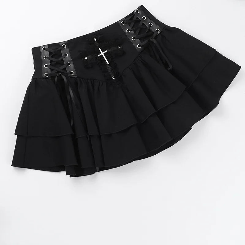 Gótico preto renda cruz mini saia y2k grunge punk cintura alta plissado a linha saias vintage feminino menina estética alt roupas