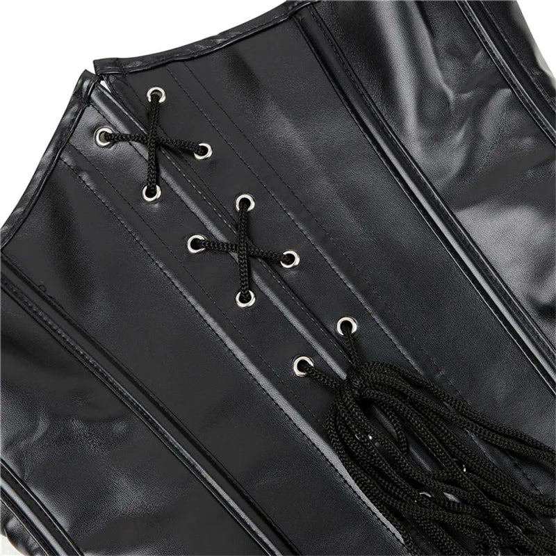 Mulheres preto underbust espartilho topos sexy halter plutônio falso couro cintura trainer corpo shaper corselet colete preto prata