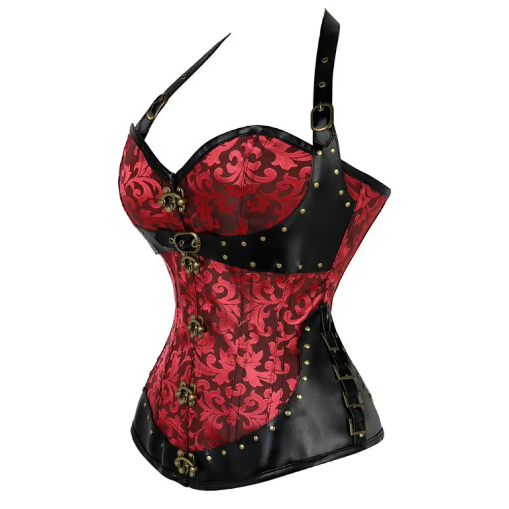 Corset Feminino Estilo Vitoriano Gótico com Alça no Pescoço e Botões - Top Modelador Bustiê