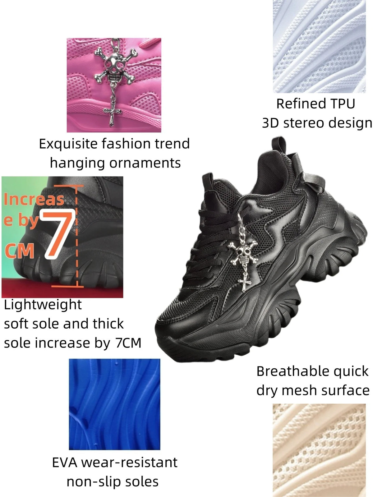Tênis Casuais Femininos Vulcanizados Pretos com Plataforma e Salto Alto, Estilo Punk de Halloween, Tênis Leves para Mulheres