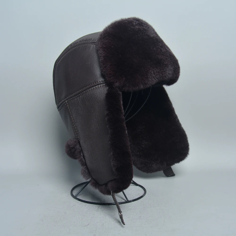 Novo unissex real rex pele de coelho bombardeiro chapéu ushanka boné trapper russo das mulheres dos homens chapéus de esqui bonés de couro de pele de carneiro real inverno quente