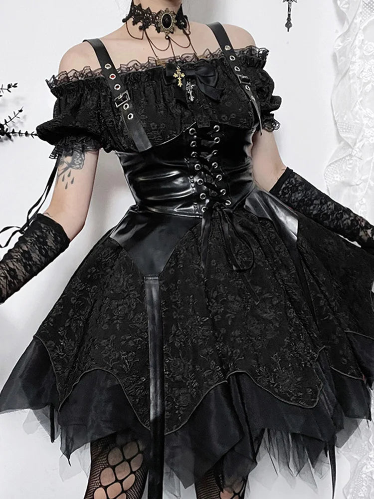 Altgoth escuro academia gótico vestido feminino harajuku streetwear fairycore grunge rendas retalhos puff manga vestido de cintura alta feminino