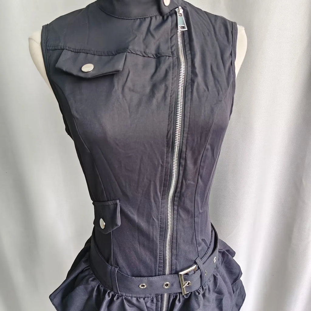 Kimutomo y2k sem mangas punk vestido feminino vintage harajuku suporte pescoço zíper mini vestidos de verão babados grunge festa gótica
