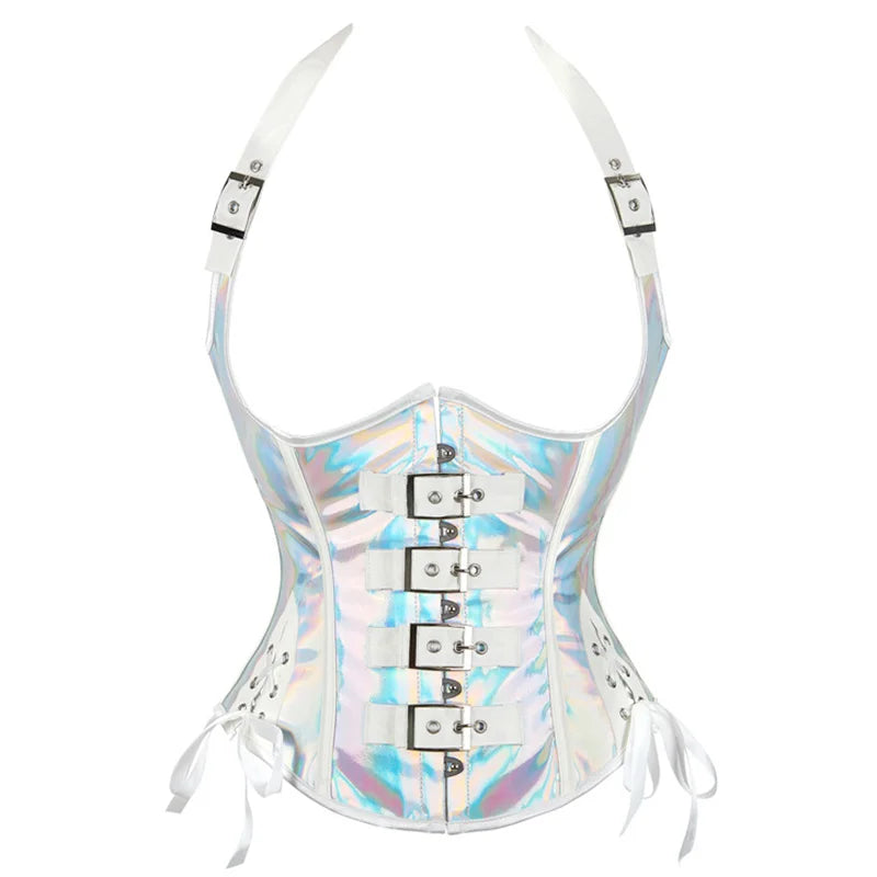 Mulheres preto underbust espartilho topos sexy halter plutônio falso couro cintura trainer corpo shaper corselet colete preto prata