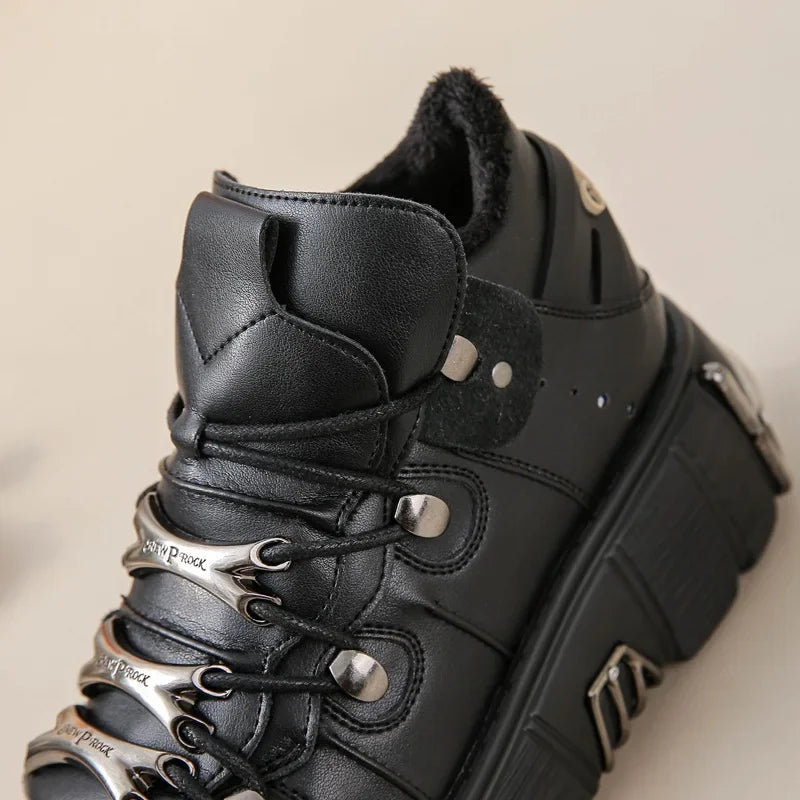 2025 primavera novos sapatos femininos de metal pesado fundo grosso alta superior punk sapatos de couro gótico escuro botas de motocicleta tendência