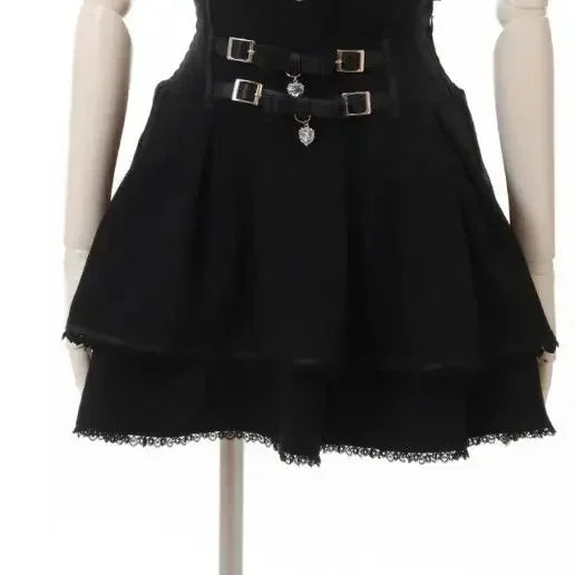 Minissaia Feminina Estilo Lolita Doce Japonês, Retro Elegante, com Renda e Faixas, Saias de Festa em Camadas, Gótica Y2k com Fivelas Metálicas