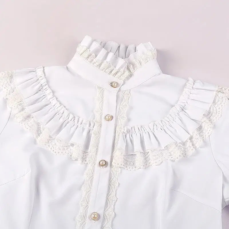 Nova Chegada Verão 2026: Blusa Feminina Vintage com Gola Franzida, Gola Alta, Detalhe em Renda e Botões – Elegante Estilo Gótico