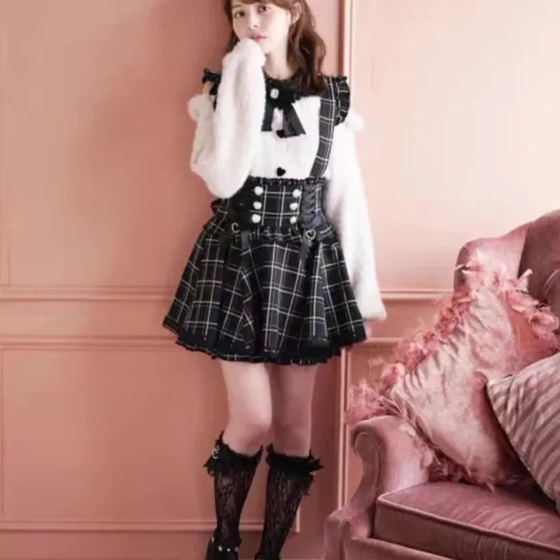 Saia Curta de Suspensório com Laço Estilo Gótico Japonês Lolita, Saia Xadrez Doce e Fofa para Meninas, Saia Mini em A com Renda, verão2026, preta sólida, kawaii