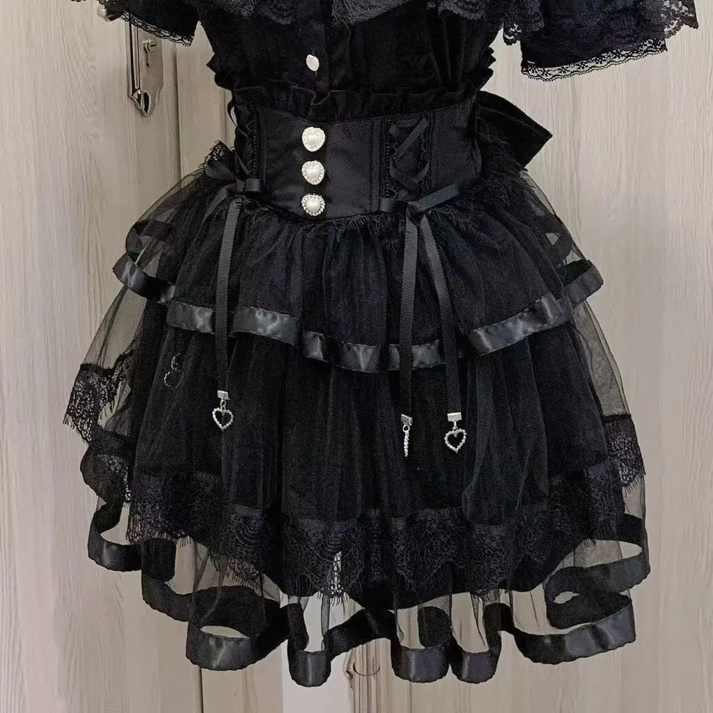 Minissaia Feminina Estilo Lolita Doce Japonês, Retro Elegante, com Renda e Faixas, Saias de Festa em Camadas, Gótica Y2k com Fivelas Metálicas