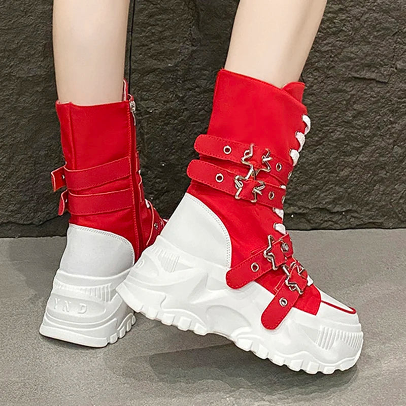 Moda botas de plataforma grossa mulheres punk estrela fivela cinta alta superior tênis mulher outono inverno fundo grosso botas de motocicleta