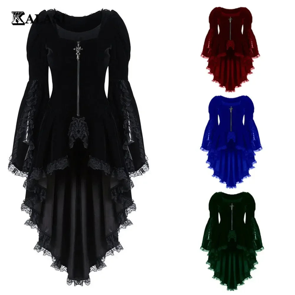 Vestido smoking gótico feminino de manga comprida com bainha, vestido feminino gótico, cruz irregular, medieval vestido de bruxa, Lolita Cosplay Traje