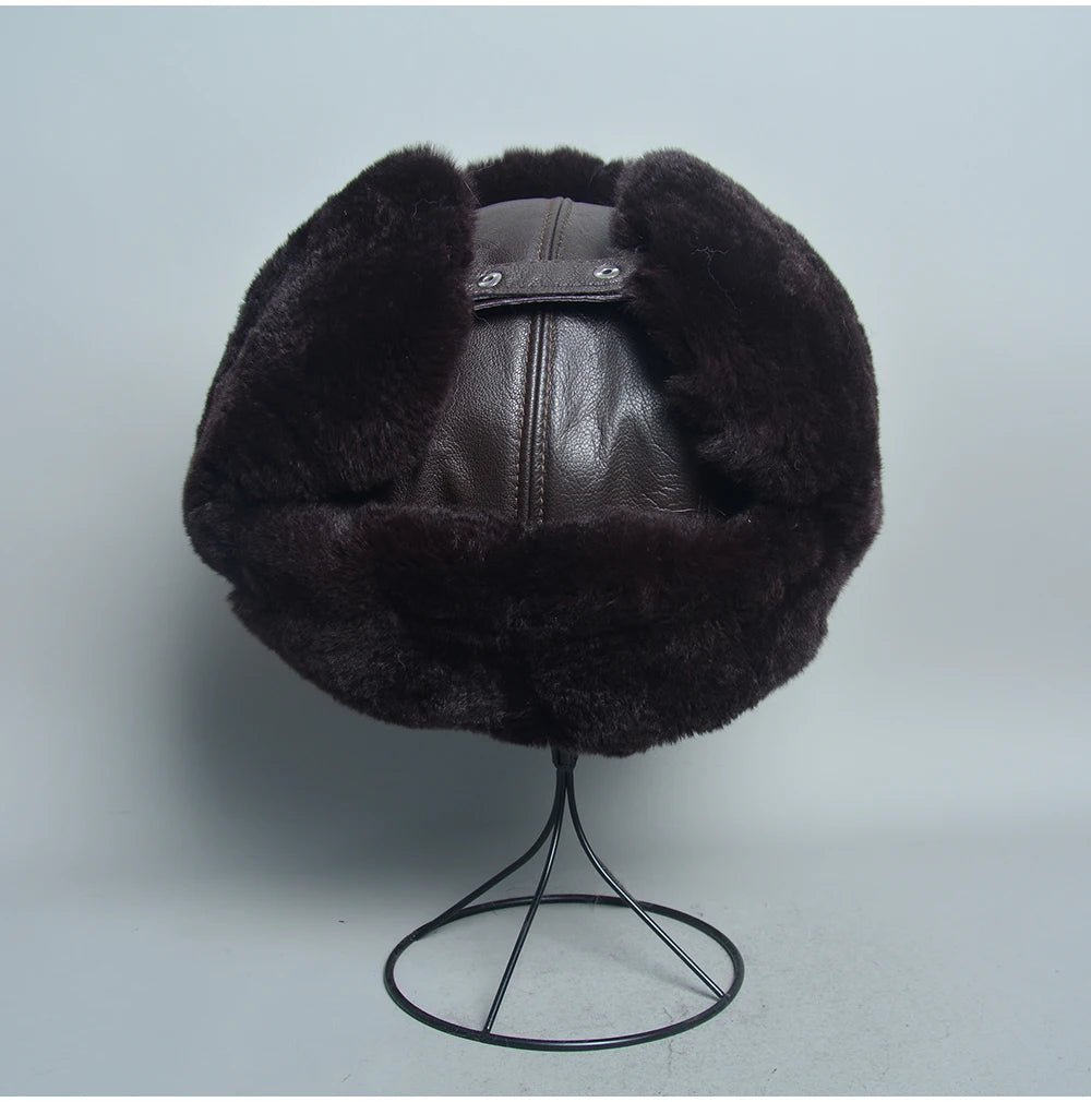Novo unissex real rex pele de coelho bombardeiro chapéu ushanka boné trapper russo das mulheres dos homens chapéus de esqui bonés de couro de pele de carneiro real inverno quente