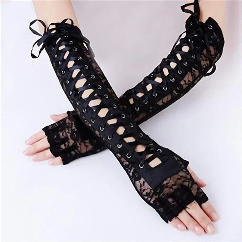 Luvas de Renda Gótica Fishnet até o Cotovelo