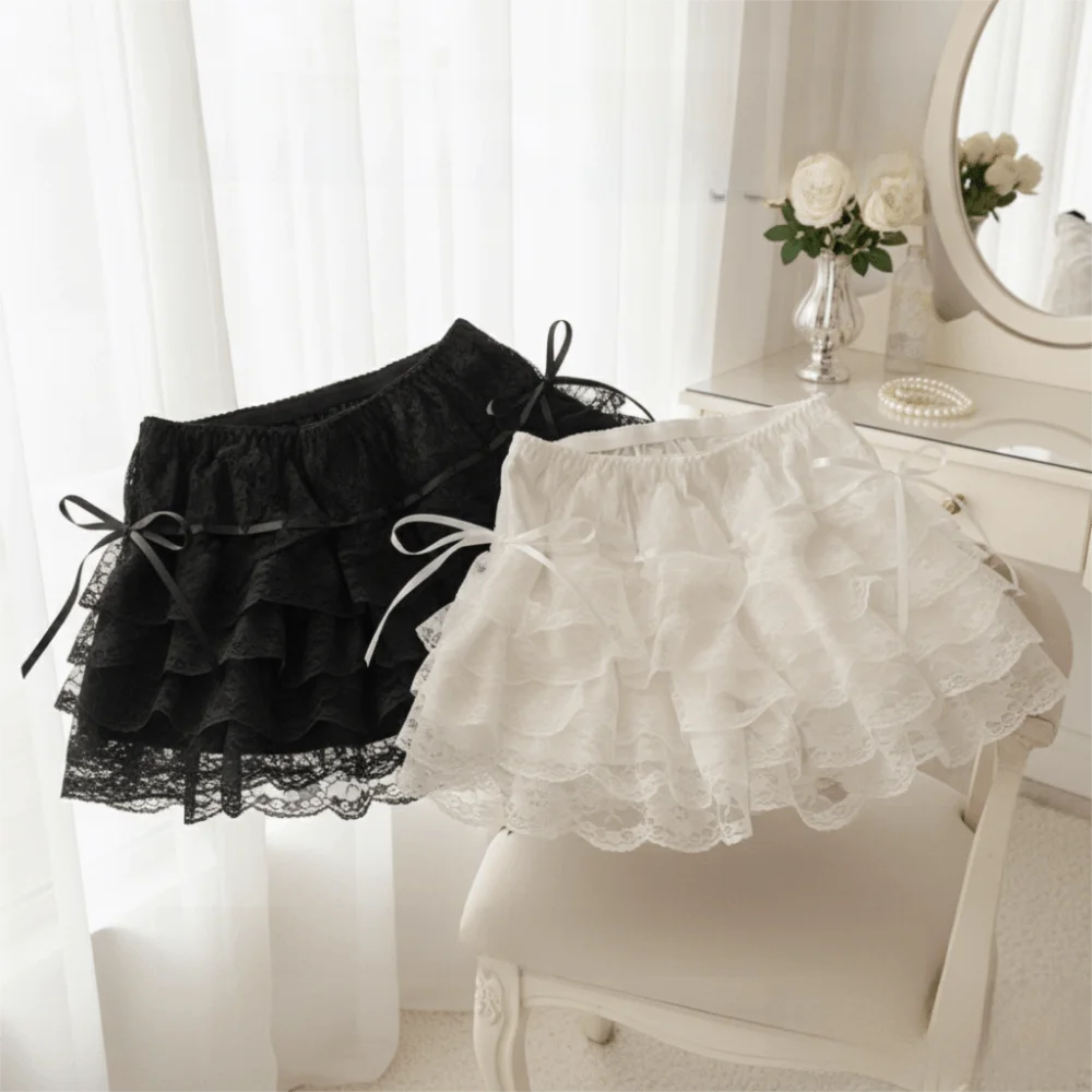 Shorts de Renda com Laço e Flores Estilo Lolita, com Cordão e Babados em Camadas, Saia de Renda de Verão, Calças de Suporte e Peça Externa