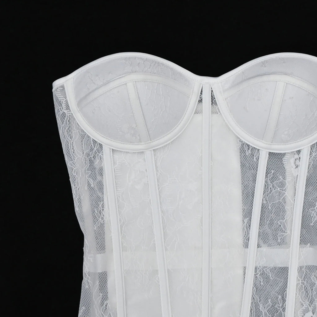 Aço osso korset mulher oco para fora sutiã de renda sem alças bustier superior malha lingerie feminina preto branco biege espartilho