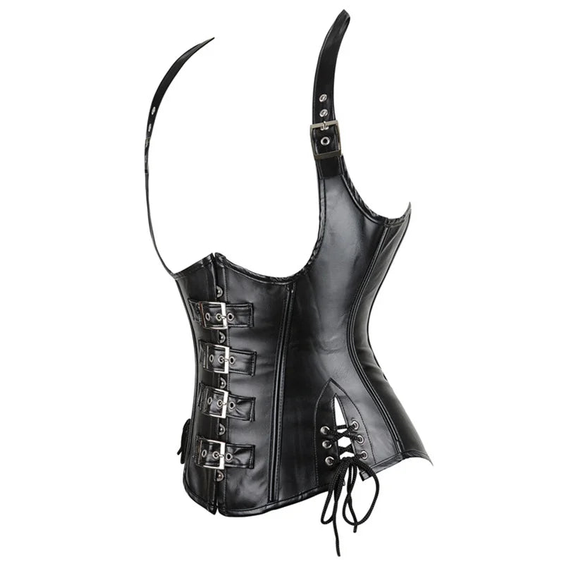 Mulheres preto underbust espartilho topos sexy halter plutônio falso couro cintura trainer corpo shaper corselet colete preto prata