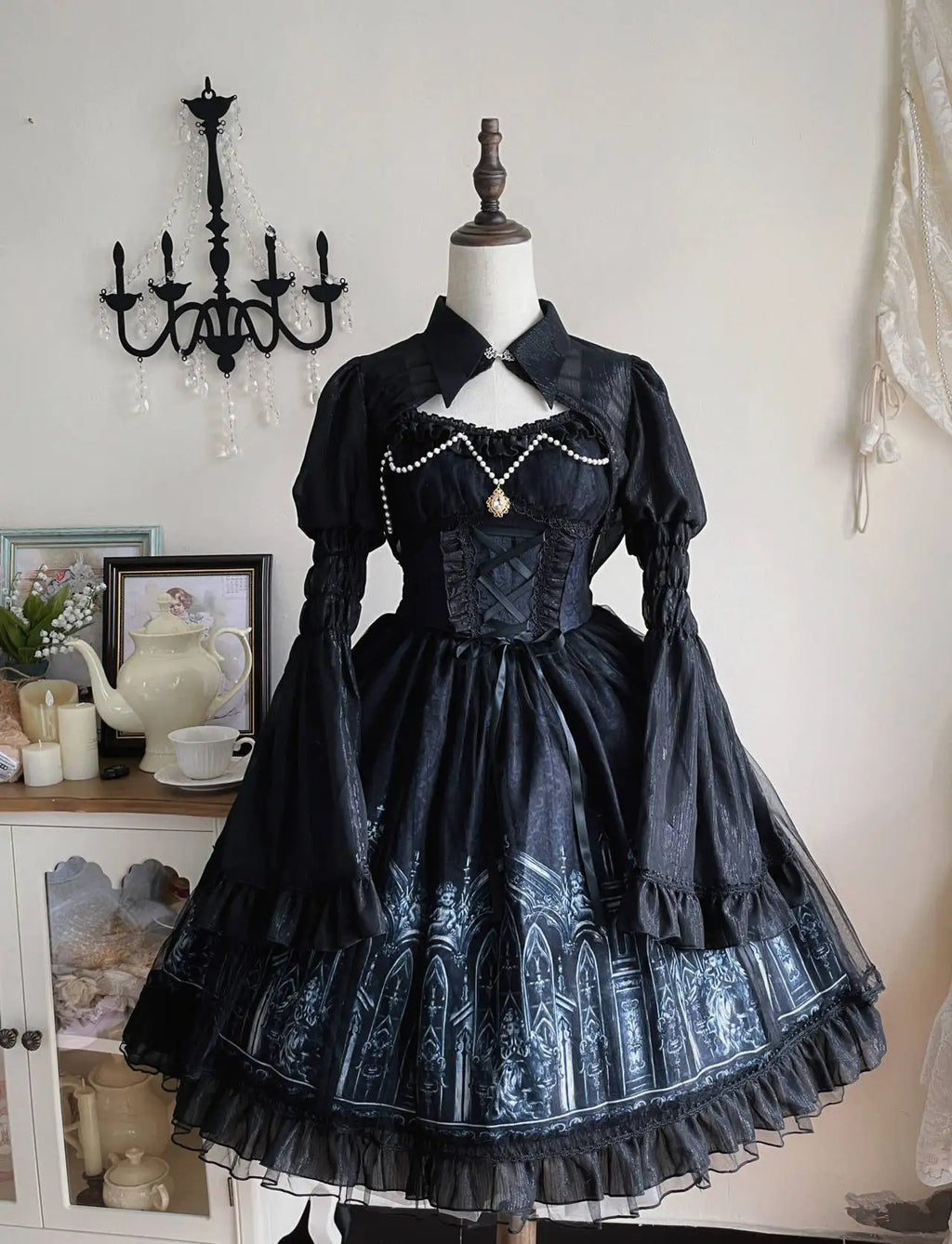 Original halloween lolita vestido nova primavera e verão feminino meninas escuro gótico jsk vestido manga alargamento capa camisa