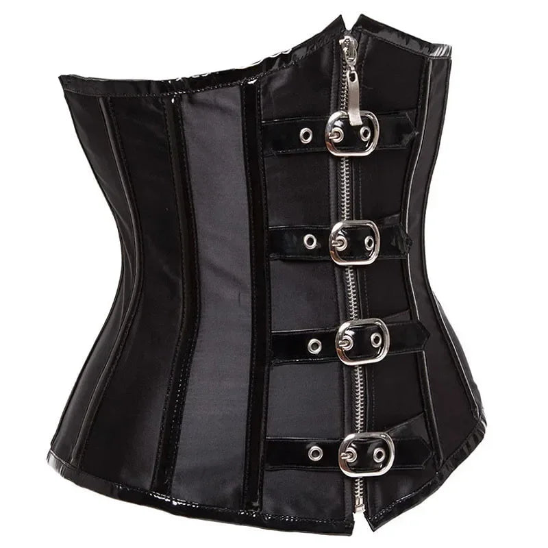 Corset Gótico Steampunk Underbust Preto e Vermelho com Espiral de Aço, Treinador de Cintura, Bustiê com Zíper e Fivelas, Corselete Modelador