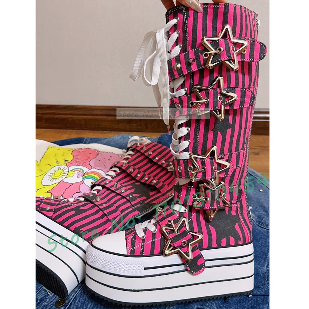 Preto listrado plataforma sapatos de lona longa menina doce metal estrela fivela de cinto botas de renda moda dedo do pé redondo legal lolita sapatos