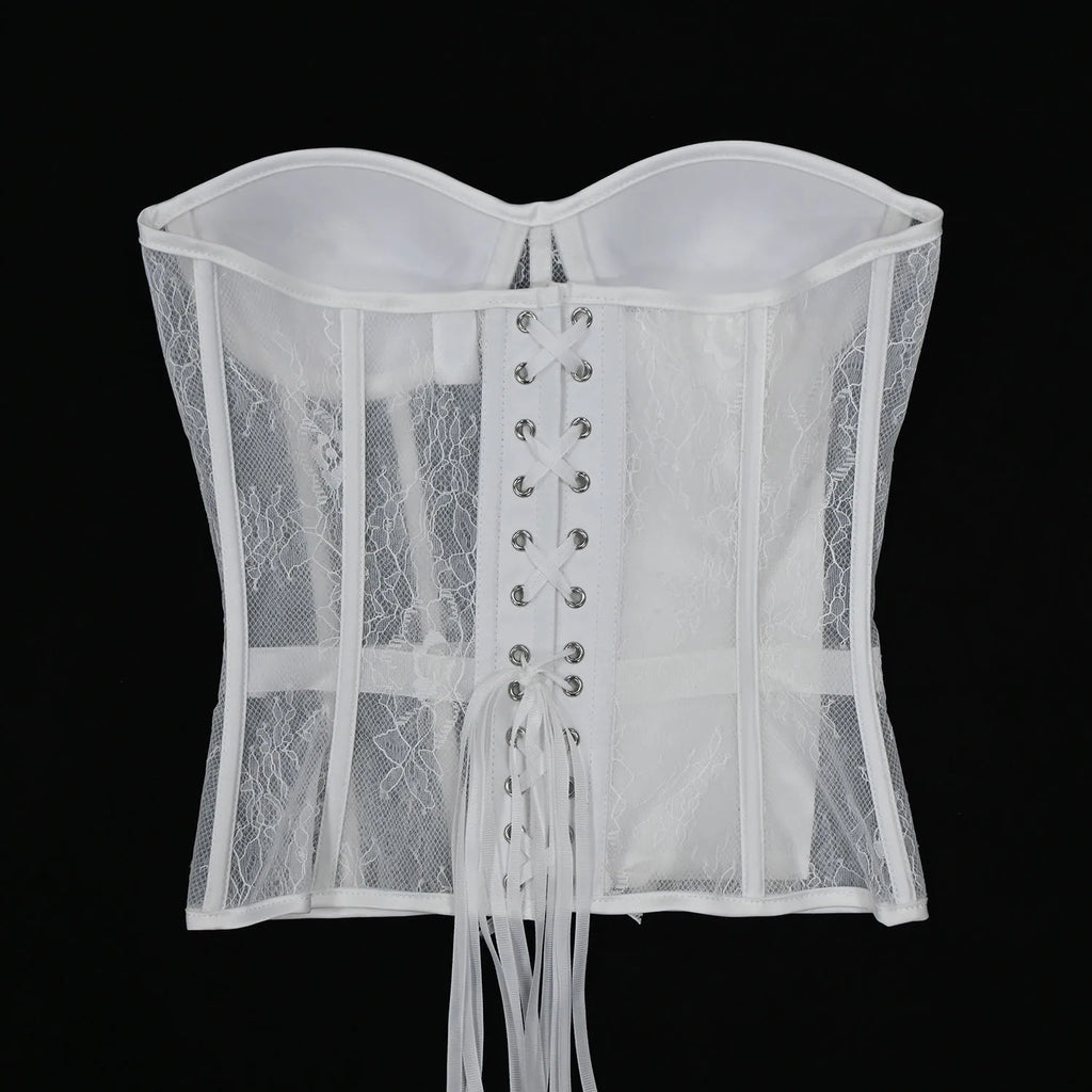 Aço osso korset mulher oco para fora sutiã de renda sem alças bustier superior malha lingerie feminina preto branco biege espartilho