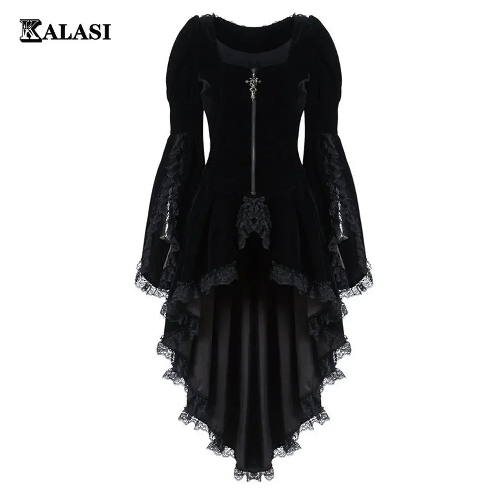 Vestido smoking gótico feminino de manga comprida com bainha, vestido feminino gótico, cruz irregular, medieval vestido de bruxa, Lolita Cosplay Traje