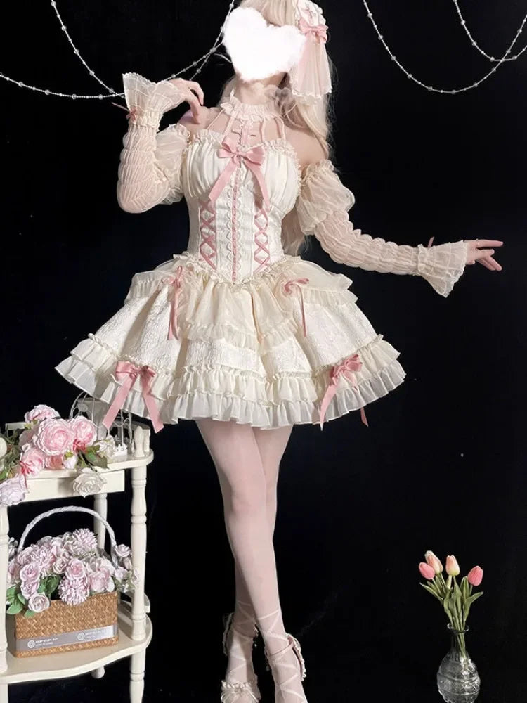 Verão harajuku lolita gótico halter vestidos femininos sexy fora do ombro manga longa vestidos japonês kawaii magro arco mini vestido
