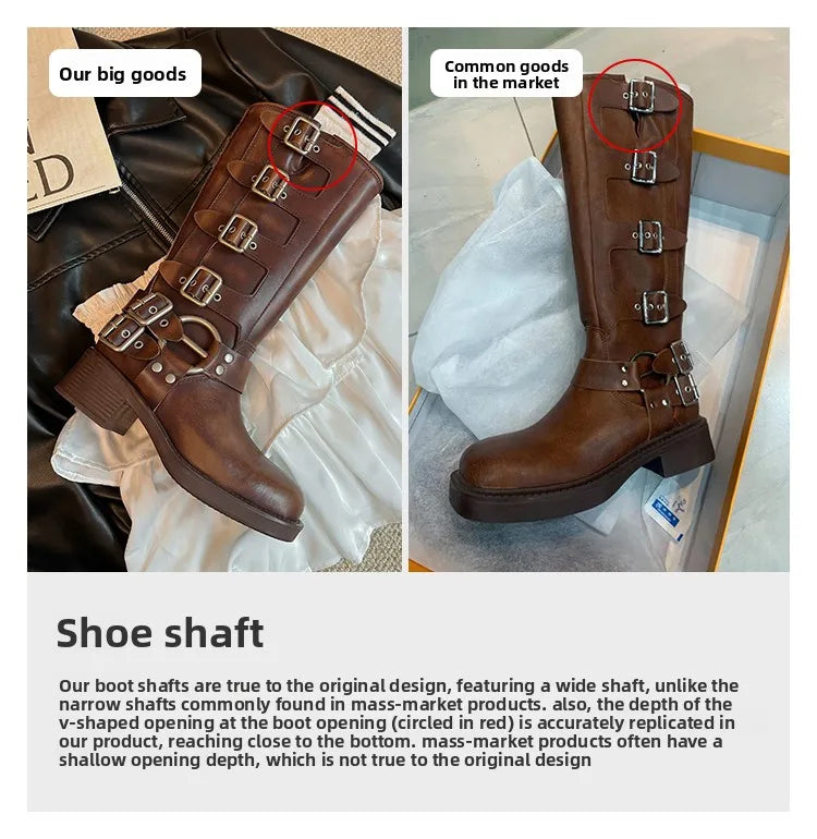 Botas Altas de Couro Genuíno para Mulheres com Fivela de Metal, Bico Quadrado, Estilo Punk, Salto Grosso, Botas de Motociclista