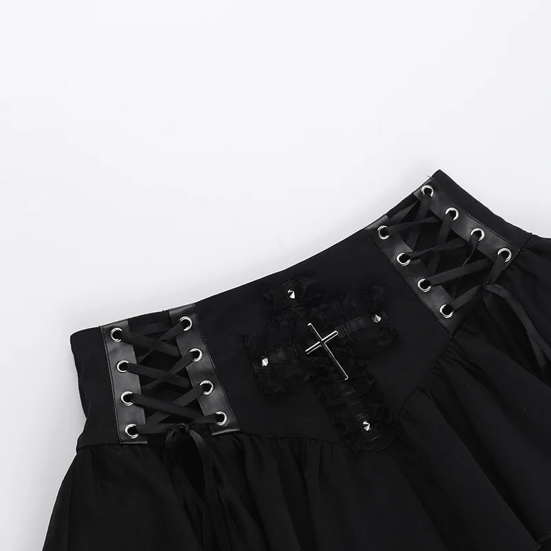 Gótico preto renda cruz mini saia y2k grunge punk cintura alta plissado a linha saias vintage feminino menina estética alt roupas