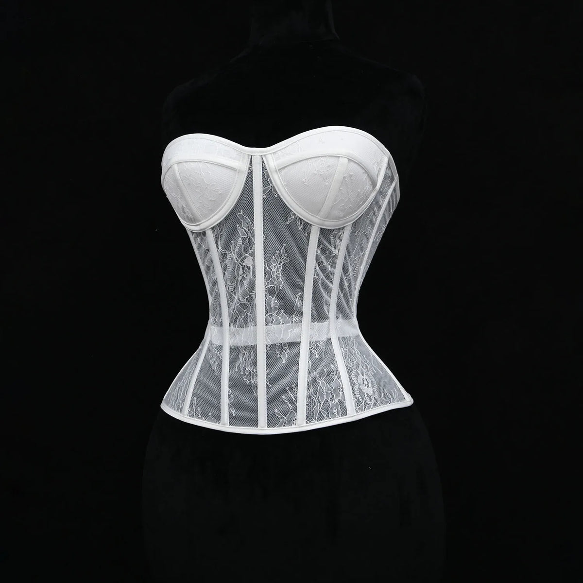 Aço osso korset mulher oco para fora sutiã de renda sem alças bustier superior malha lingerie feminina preto branco biege espartilho